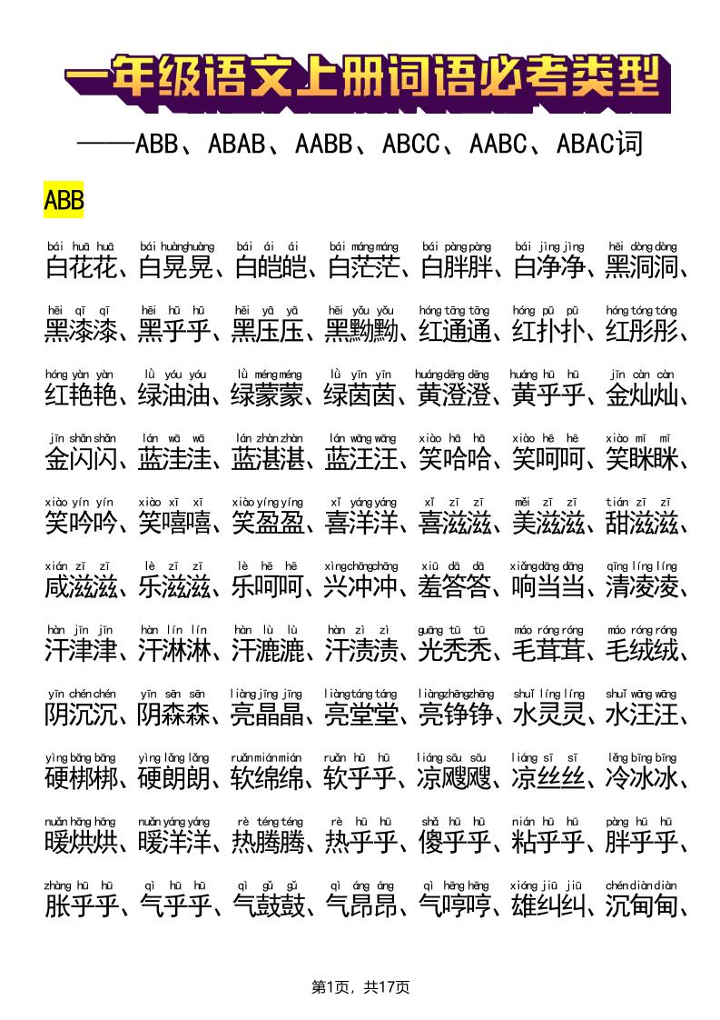 新一上语文词语必考类型(ABB、ABAB、AABB、ABCC、AABC、ABAC、ABCB类词语)17页502首码项目网-最新首码项目发布平台-零投资首码项目-工作流-首码项目赚钱-首码项目-首码项目-推广资源源码-学科资源-全网最全最新项目502首码项目网