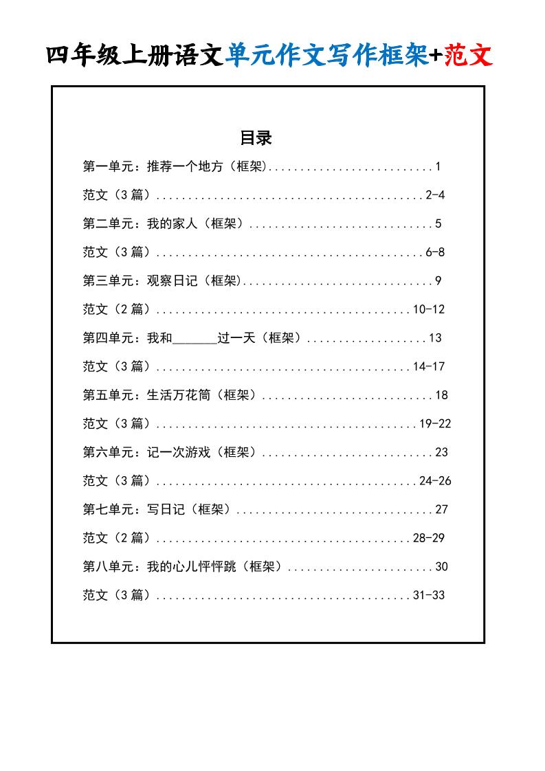 四上语文1-8单元作文写作框架+范文34页502首码项目网-最新首码项目发布平台-零投资首码项目-工作流-首码项目赚钱-首码项目-首码项目-推广资源源码-学科资源-全网最全最新项目502首码项目网