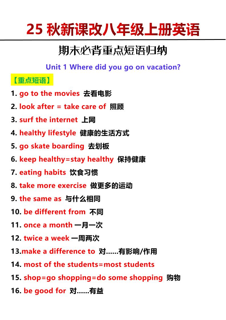 【2025秋新版】八年级上册英语期末必背重点短语归纳502首码项目网-最新首码项目发布平台-零投资首码项目-工作流-首码项目赚钱-首码项目-首码项目-推广资源源码-学科资源-全网最全最新项目502首码项目网