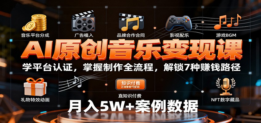 AI原创音乐变现课：学平台认证，掌握制作全流程，解锁7种赚钱路径502首码项目网-最新首码项目发布平台-零投资首码项目-工作流-首码项目赚钱-首码项目-首码项目-推广资源源码-学科资源-全网最全最新项目502首码项目网