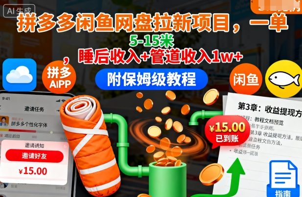 拼多多闲鱼网盘拉新项目，一单5-15米，睡后收入+管道收入1w+(附保姆级教程)502首码项目网-最新首码项目发布平台-零投资首码项目-工作流-首码项目赚钱-首码项目-首码项目-推广资源源码-学科资源-全网最全最新项目502首码项目网