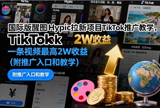 国际版醒图Hypic拉新项目TikTok推广教学，一条视频最高2W收益(附推广入口和教学)502首码项目网-最新首码项目发布平台-零投资首码项目-工作流-首码项目赚钱-首码项目-首码项目-推广资源源码-学科资源-全网最全最新项目502首码项目网