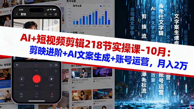 AI+短视频剪辑218节实操课-10月：剪映进阶+AI文案生成+账号运营，月入2万502首码项目网-最新首码项目发布平台-零投资首码项目-工作流-首码项目赚钱-首码项目-首码项目-推广资源源码-学科资源-全网最全最新项目502首码项目网
