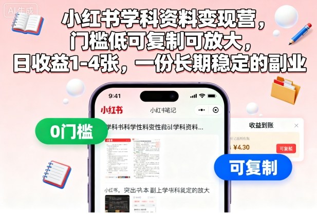 小红书学科资料变现营，门槛低可复制可放大，日收益1-4张，一份长期稳定的副业502首码项目网-最新首码项目发布平台-零投资首码项目-工作流-首码项目赚钱-首码项目-首码项目-推广资源源码-学科资源-全网最全最新项目502首码项目网