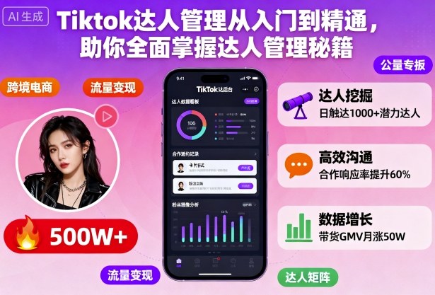 Tiktok达人管理从入门到精通，助你全面掌握达人管理秘籍502首码项目网-最新首码项目发布平台-零投资首码项目-工作流-首码项目赚钱-首码项目-首码项目-推广资源源码-学科资源-全网最全最新项目502首码项目网