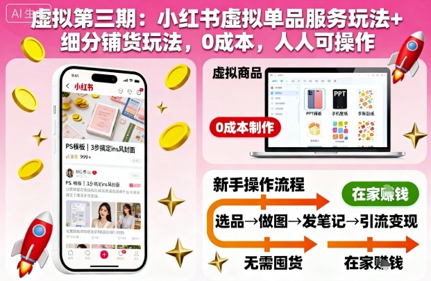 虚拟第三期：小红书虚拟单品服务玩法+细分铺货玩法，0成本，人人可操作502首码项目网-最新首码项目发布平台-零投资首码项目-工作流-首码项目赚钱-首码项目-首码项目-推广资源源码-学科资源-全网最全最新项目502首码项目网