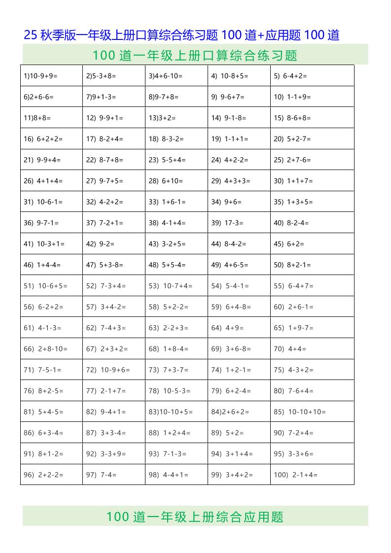 【2025秋新版】一年级上册口算综合练习题100道+应用题100道-一上数学502首码项目网-最新首码项目发布平台-零投资首码项目-工作流-首码项目赚钱-首码项目-首码项目-推广资源源码-学科资源-全网最全最新项目502首码项目网