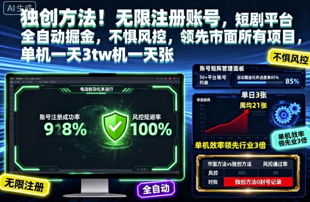 独创方法！无限注册账号，短剧平台全自动掘金，不惧风控，领先市面所有项目，单机一天3张【揭秘】502首码项目网-最新首码项目发布平台-零投资首码项目-工作流-首码项目赚钱-首码项目-首码项目-推广资源源码-学科资源-全网最全最新项目502首码项目网