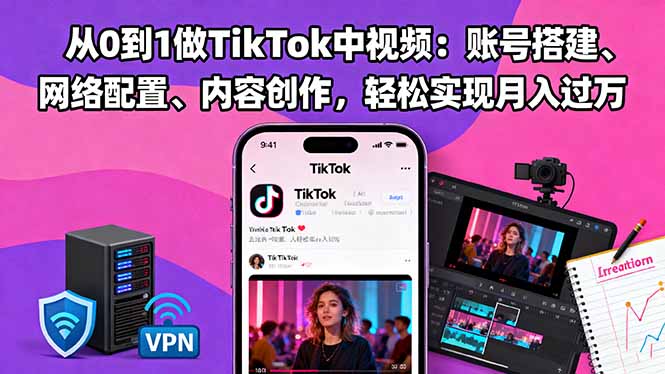 从0到1做TikTok中视频：账号搭建、网络配置、内容创作，轻松实现月入过万502首码项目网-最新首码项目发布平台-零投资首码项目-工作流-首码项目赚钱-首码项目-首码项目-推广资源源码-学科资源-全网最全最新项目502首码项目网