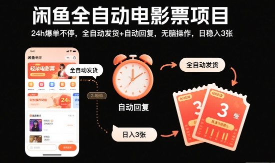 闲鱼全自动电影票项目，24h爆单不停，全自动发货+自动回复，无脑操作，日稳入3张【揭秘】502首码项目网-最新首码项目发布平台-零投资首码项目-工作流-首码项目赚钱-首码项目-首码项目-推广资源源码-学科资源-全网最全最新项目502首码项目网