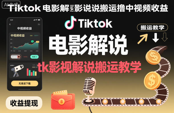 Tiktok电影解说搬运撸中视频收益，tk影视解说搬运教学502首码项目网-最新首码项目发布平台-零投资首码项目-工作流-首码项目赚钱-首码项目-首码项目-推广资源源码-学科资源-全网最全最新项目502首码项目网