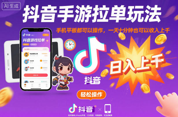 抖音手游拉单玩法，手机平板都可以操作，一天十分钟也可以收入上K【揭秘】502首码项目网-最新首码项目发布平台-零投资首码项目-工作流-首码项目赚钱-首码项目-首码项目-推广资源源码-学科资源-全网最全最新项目502首码项目网