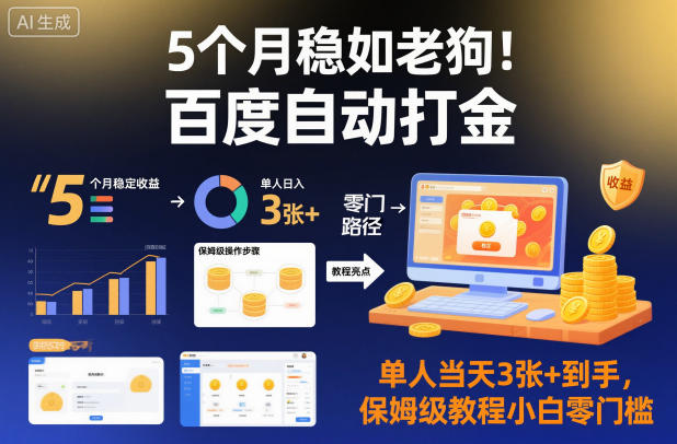 5个月稳如老狗！百度自动打金，单人当天3张+到手，保姆级教程小白零门槛【揭秘】502首码项目网-最新首码项目发布平台-零投资首码项目-工作流-首码项目赚钱-首码项目-首码项目-推广资源源码-学科资源-全网最全最新项目502首码项目网