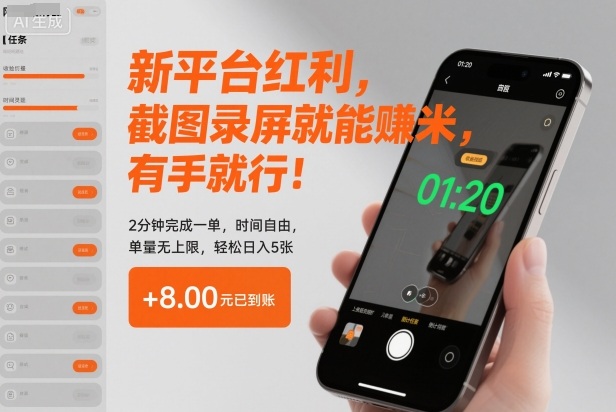 新平台红利，截图录屏就能賺米，有手就行！2分钟完成一单，时间自由，单量无上限，轻松日入5张【揭秘】502首码项目网-最新首码项目发布平台-零投资首码项目-工作流-首码项目赚钱-首码项目-首码项目-推广资源源码-学科资源-全网最全最新项目502首码项目网