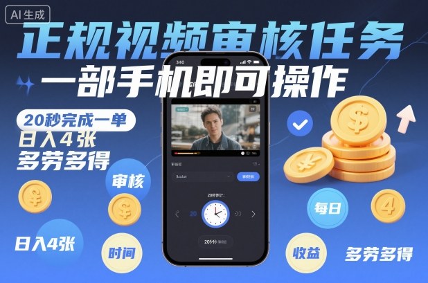 正规视频审核任务,一部手机即可操作,20秒完成一单,日入4张,多劳多得【揭秘】502首码项目网-最新首码项目发布平台-零投资首码项目-工作流-首码项目赚钱-首码项目-首码项目-推广资源源码-学科资源-全网最全最新项目502首码项目网