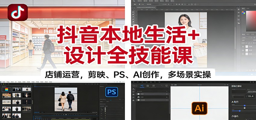 抖音本地生活+设计全技能课：店铺运营，剪映、PS、AI创作，多场景实操502首码项目网-最新首码项目发布平台-零投资首码项目-工作流-首码项目赚钱-首码项目-首码项目-推广资源源码-学科资源-全网最全最新项目502首码项目网