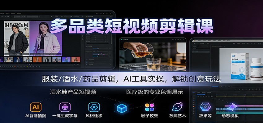 多品类短视频剪辑课：服装/酒水/药品剪辑，AI工具实操，解锁创意玩法502首码项目网-最新首码项目发布平台-零投资首码项目-工作流-首码项目赚钱-首码项目-首码项目-推广资源源码-学科资源-全网最全最新项目502首码项目网