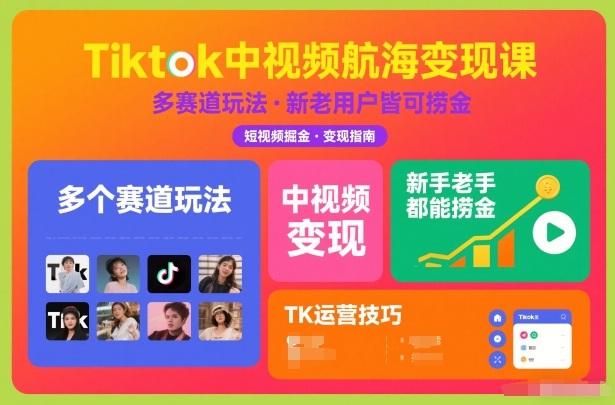 Tiktok中视频航海变现课，多个赛道玩法，新手老手都能在TK中视频捞金502首码项目网-最新首码项目发布平台-零投资首码项目-工作流-首码项目赚钱-首码项目-首码项目-推广资源源码-学科资源-全网最全最新项目502首码项目网
