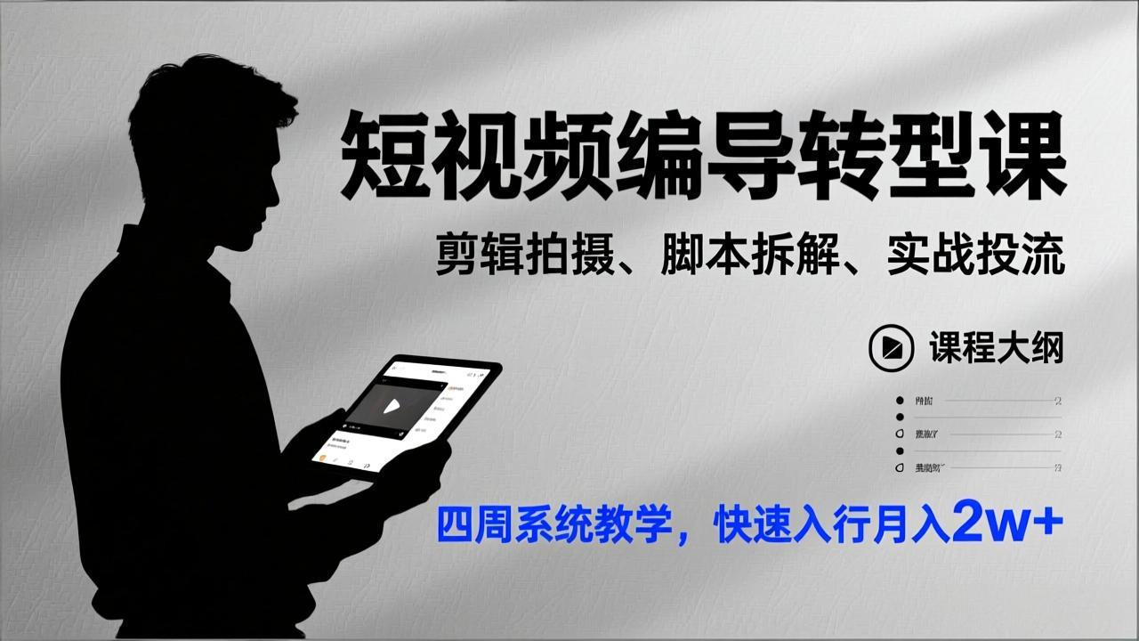 短视频编导转型课,剪辑拍摄、脚本拆解、实战投流,四周系统教学,快速入行月入2w+502首码项目网-最新首码项目发布平台-零投资首码项目-工作流-首码项目赚钱-首码项目-首码项目-推广资源源码-学科资源-全网最全最新项目502首码项目网