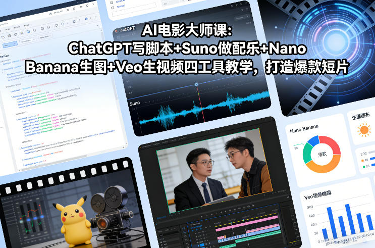 AI电影大师课:ChatGPT写脚本+Suno做配乐+Nano Banana生图+Veo生视频,打造爆款短片502首码项目网-最新首码项目发布平台-零投资首码项目-工作流-首码项目赚钱-首码项目-首码项目-推广资源源码-学科资源-全网最全最新项目502首码项目网