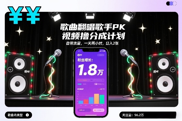 歌曲翻唱歌手PK视频撸分成计划,自带流量,一天两小时,日入2张502首码项目网-最新首码项目发布平台-零投资首码项目-工作流-首码项目赚钱-首码项目-首码项目-推广资源源码-学科资源-全网最全最新项目502首码项目网