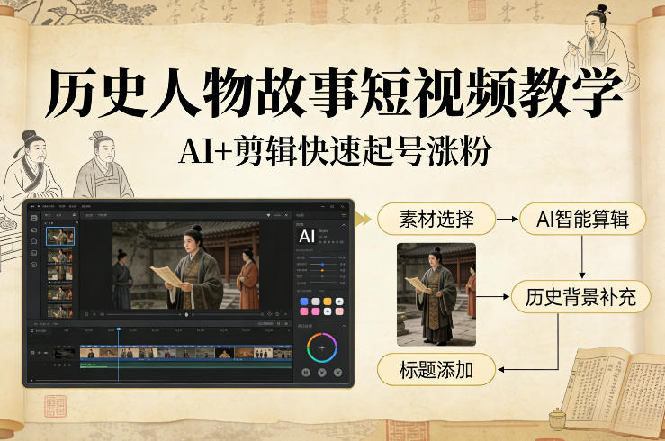 历史人物故事短视频教学，AI+剪辑制作历史人物题材短视频，快速起号涨粉502首码项目网-最新首码项目发布平台-零投资首码项目-工作流-首码项目赚钱-首码项目-首码项目-推广资源源码-学科资源-全网最全最新项目502首码项目网